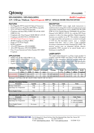 SPS-9102MWG_08 datasheet - 3.3V / 1310 nm /Multirate Digital Diagnostic SFP LC SINGLE-MODE TRANSCEIVER