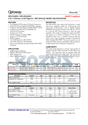 SPS-9110AFG datasheet - 3.3V / 1310 nm / 2.125 Gbps LC SFP SINGLE-MODE TRANSCEIVER