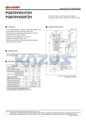 PQ070VK02FZH datasheet - Variable Output, Low Power-Loss Voltage Regulators with Output ON/OFF Control Function