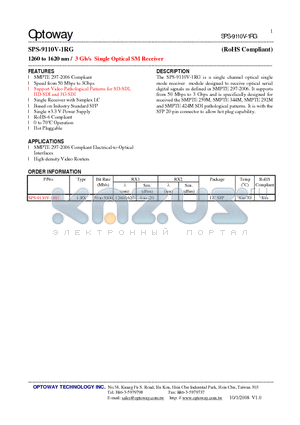 SPS-9110V-1RG datasheet - 1260 to 1620 nm / 3 Gb/s Single Optical SM Receiver