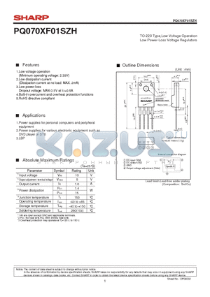 PQ070XF01SZH datasheet - TO-220 Type,Low Voltage Operation Low Power-Loss Voltage Regulators