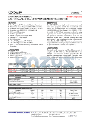 SPS-9110FG_08 datasheet - 3.3V / 1310 nm / 2.125 Gbps LC SFP SINGLE-MODE TRANSCEIVER