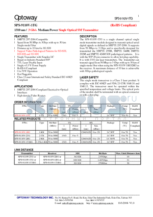 SPS-9110V-1TG datasheet - 1310 nm / 3 Gb/s Medium Power Single Optical SMTransmitter