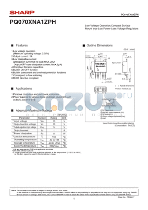 PQ070XNA1ZPH datasheet - Low Voltage Operation,Compact Surface Mount type Low Power-Loss Voltage Regulators