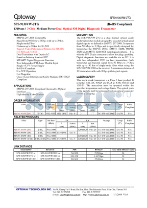 SPS-9110VW-1RG datasheet - 1310 nm / 3 Gb/s Medium Power Dual Optical SM Digital Diagnostic Transmitter