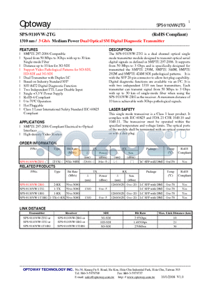 SPS-9110VW-1T1RG datasheet - 1310 nm / 3 Gb/s Medium Power Dual Optical SM Digital Diagnostic Transmitter