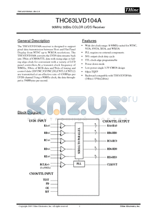 THC63LVD104A datasheet - 90MHz 30Bits COLOR LVDS Receiver
