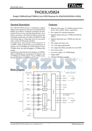 THC63LVD824 datasheet - Single(135MHz)/Dual(170MHz) Link LVDS Receiver for XGA/SXGA/SXGA/UXGA