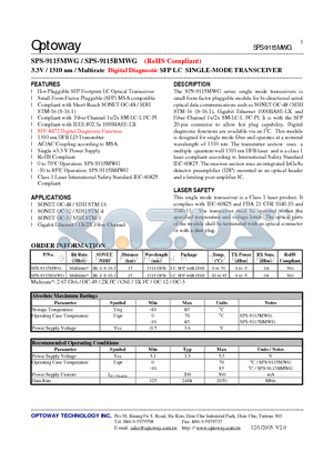 SPS-9115BMWG datasheet - 3.3V / 1310 nm / Multirate Digital Diagnostic SFP LC SINGLE-MODE TRANSCEIVER