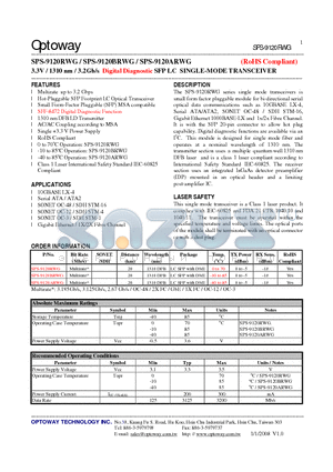 SPS-9120BRWG datasheet - 3.3V / 1310 nm / 3.2Gb/s Digital Diagnostic SFP LC SINGLE-MODE TRANSCEIVER
