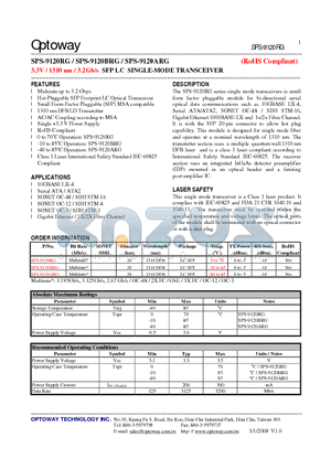 SPS-9120RG datasheet - 3.3V / 1310 nm / 3.2Gb/s SFP LC SINGLE-MODE TRANSCEIVER