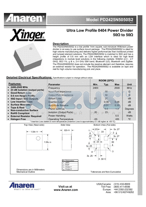PD2425N5050S2 datasheet - Ultra Low Profile 0404 Power Divider