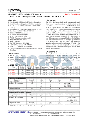 SPS-9140G datasheet - 3.3V / 1310 nm / 2.5 Gbps SFP LC SINGLE-MODE TRANSCEIVER