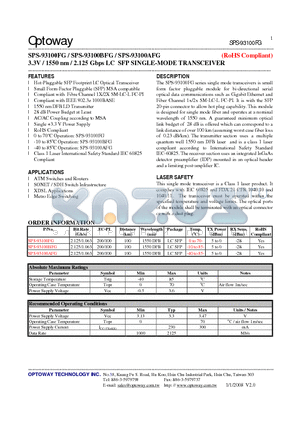 SPS-93100AFG datasheet - 3.3V / 1550 nm / 2.125 Gbps LC SFP SINGLE-MODE TRANSCEIVER