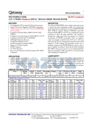 SPS-93100M-CXX0G datasheet - 3.3V / CWDM / Multirate SFP LC SINGLE-MODE TRANSCEIVER