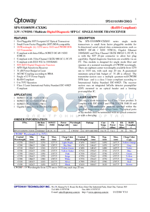 SPS-93100MW-CXX0G datasheet - 3.3V / CWDM/ Multirate Digital Diagnostic SFP LC SINGLE-MODE TRANSCEIVER