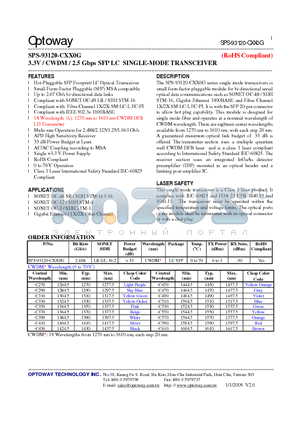 SPS-93120-CXX0G datasheet - 3.3V / CWDM / 2.5 Gbps SFP LC SINGLE-MODE TRANSCEIVER
