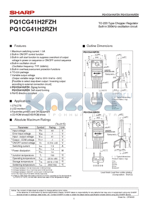 PQ1CG41H2FZH datasheet - TO-220 Type Chopper Regulator Built-in 300kHz oscillation circuit