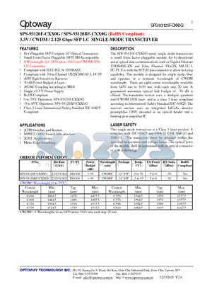 SPS-93120BF-CXX0G datasheet - 3.3V / CWDM / 2.125 Gbps SFP LC SINGLE-MODE TRANSCEIVER