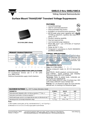 SMBJ188CA datasheet - Surface Mount TRANSZORB^ Transient Voltage Suppressors