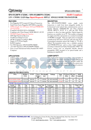 SPS-93120BFW-CXX0G datasheet - 3.3V / CWDM/ 2.125 Gbps Digital Diagnostic SFP LC SINGLE-MODE TRANSCEIVER