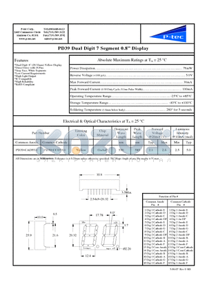 PD39-CADY01 datasheet - Dual Digit 7 Segment 0.8 Display