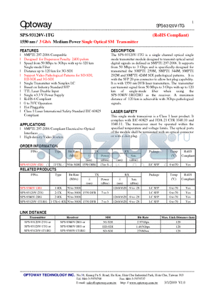 SPS-93120V-1TG datasheet - 1550 nm / 3 Gb/s Medium Power Single Optical SM Transmitter