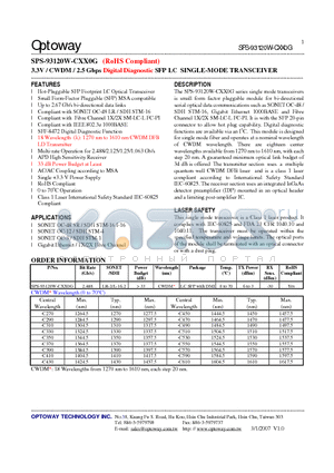 SPS-93120W-CXX0G datasheet - 3.3V / CWDM / 2.5 Gbps Digital Diagnostic SFP LC SINGLE-MODE TRANSCEIVER