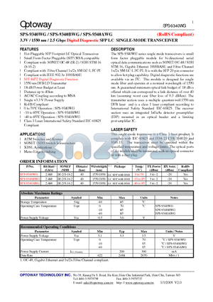 SPS-9340AWG datasheet - 3.3V / 1550 nm / 2.5 Gbps Digital Diagnostic SFP LC SINGLE-MODE TRANSCEIVER