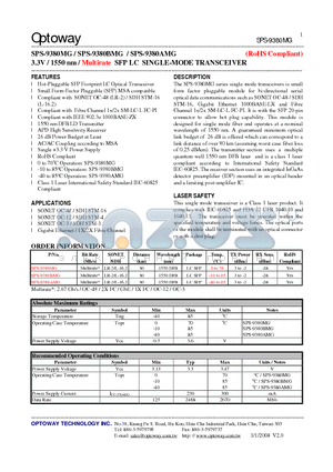 SPS-9380AMG datasheet - 3.3V / 1550 nm / Multirate SFP LC SINGLE-MODE TRANSCEIVER
