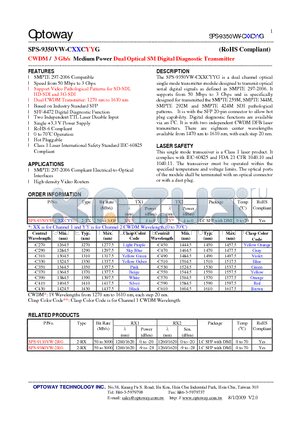 SPS-9350VW-CXXCYYG datasheet - CWDM / 3 Gb/s Medium Power Dual Optical SMDigital Diagnostic Transmitter