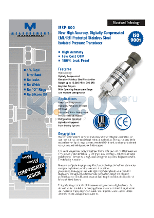 MSP600-3-B-4-N-4 datasheet - NEW HIGH ACCURACY, DIGITALLY COMPENSATED EMI/RFI PROTECTED STAINLESS STEEL ISOLATED PRESSURE TRANSDUCER