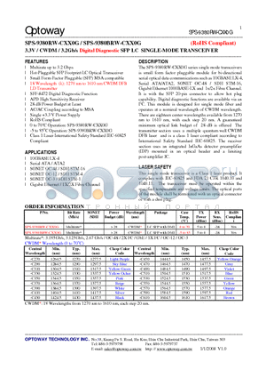 SPS-9380BRW-CXX0G datasheet - 3.3V / CWDM/ 3.2Gb/s Digital Diagnostic SFP LC SINGLE-MODE TRANSCEIVER