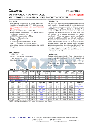 SPS-9380F-CXX0G_08 datasheet - 3.3V / CWDM / 2.125 Gbps SFP LC SINGLE-MODE TRANSCEIVER