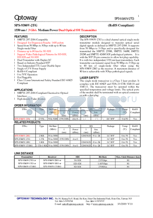 SPS-9380V-1T1RG datasheet - 1550 nm / 3 Gb/s Medium Power Dual Optical SM Transmitter