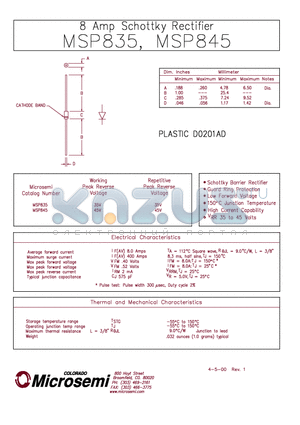 MSP845 datasheet - 8 Amp Schottky Rectifier