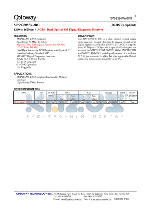 SPS-9380VW-2RG datasheet - 1260 to 1620 nm / 3 Gb/s Dual Optical SM Digital Diagnostic Receiver