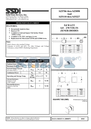 SZ5816 datasheet - 5.0 WATT 6.8 - 270 VOLTS ZENER DIODES