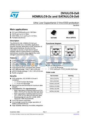 SATAULC6-2X6 datasheet - Ultra Low Capacitance 2 line ESD protection