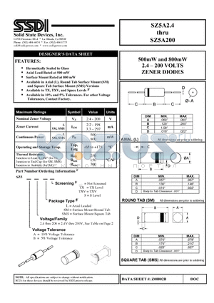 SZ5A10 datasheet - 500mW and 800mW 2.4 - 200 VOLTS ZENER DIODES