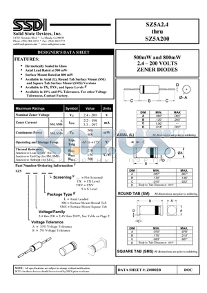 SZ5A140 datasheet - 500mW and 800mW 2.4 - 200 VOLTS ZENER DIODES