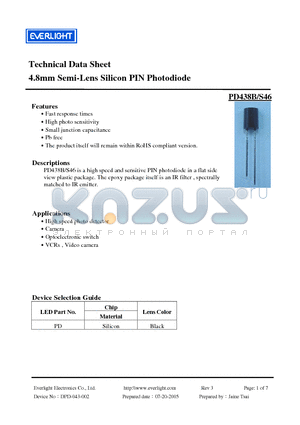 PD438B/S46 datasheet - 4.8mm Semi-Lens Silicon PIN Photodiode