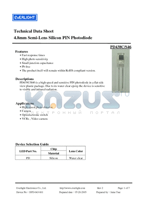 PD438C/S46 datasheet - 4.8mm Semi-Lens Silicon PIN Photodiode