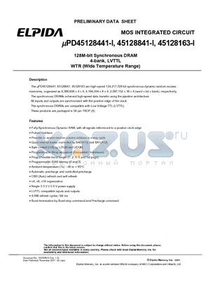 PD45128163G5-A10LI-9JF datasheet - 128M-bit Synchronous DRAM 4-bank, LVTTL WTR (Wide Temperature Range)