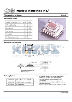 MI3040-02 datasheet - Thermoelectric Cooler