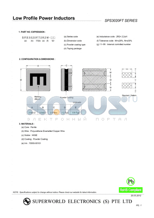 SPS3020FT1R5N datasheet - Low Profile Power Inductors