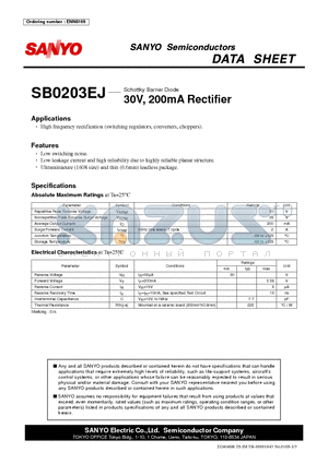 SB0203EJ datasheet - Schottky Barrier Diode 30V, 200mA Rectifier
