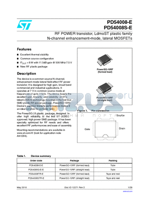 PD54008S-E datasheet - RF POWER transistor, LdmoST plastic family N-channel enhancement-mode, lateral MOSFETs