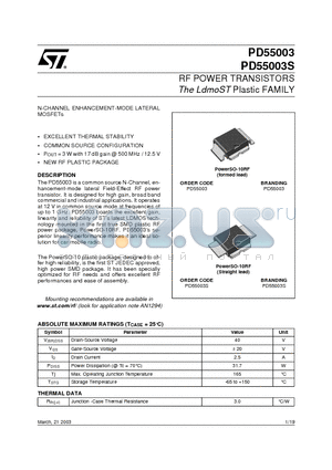 PD55003S datasheet - RF POWER TRANSISTORS The LdmoST Plastic FAMILY