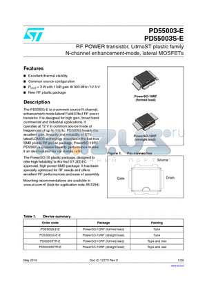 PD55003S-E-E datasheet - RF POWER transistor, LdmoST plastic family N-channel enhancement-mode, lateral MOSFETs